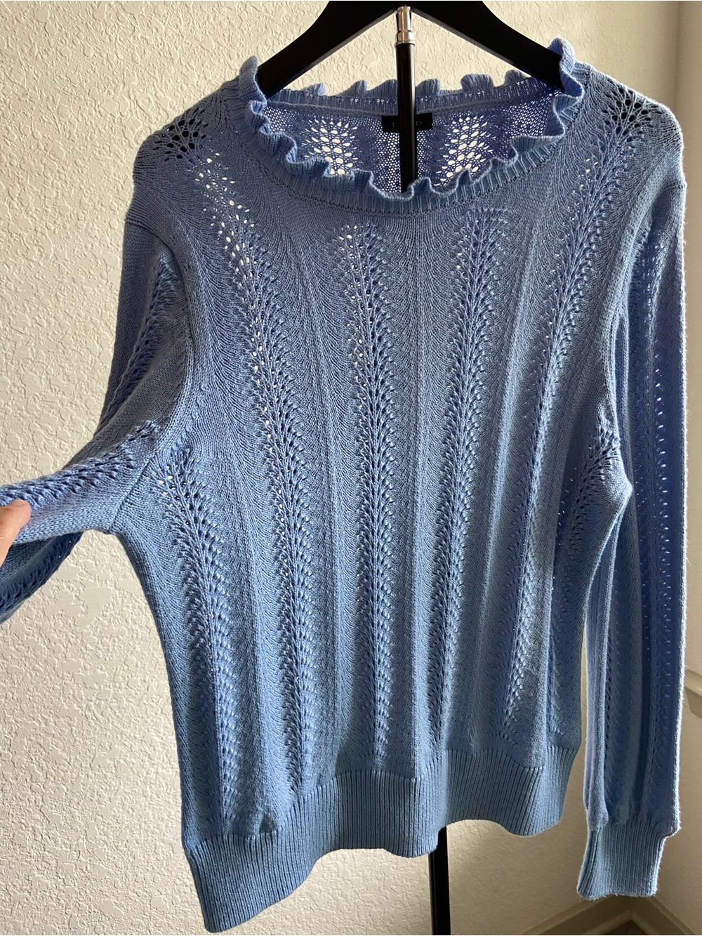 Talbots Sky Blue Ruffle-Neck Openwork Knit Sweater - Picture 2 of 8